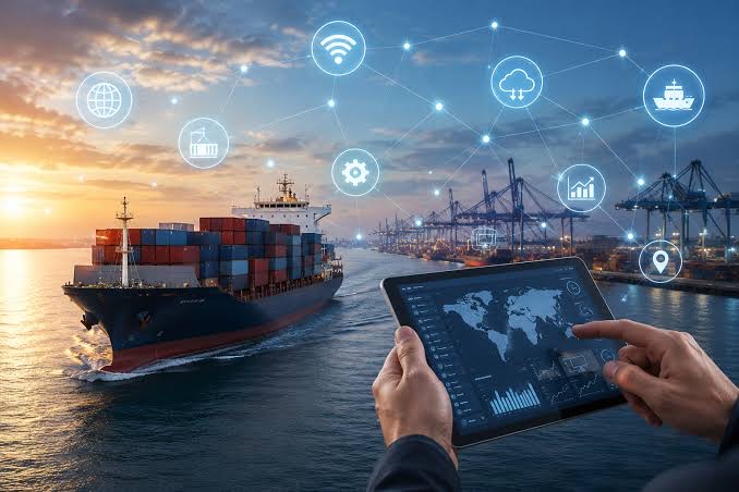 Container port with logistics data overlaid on a tablet