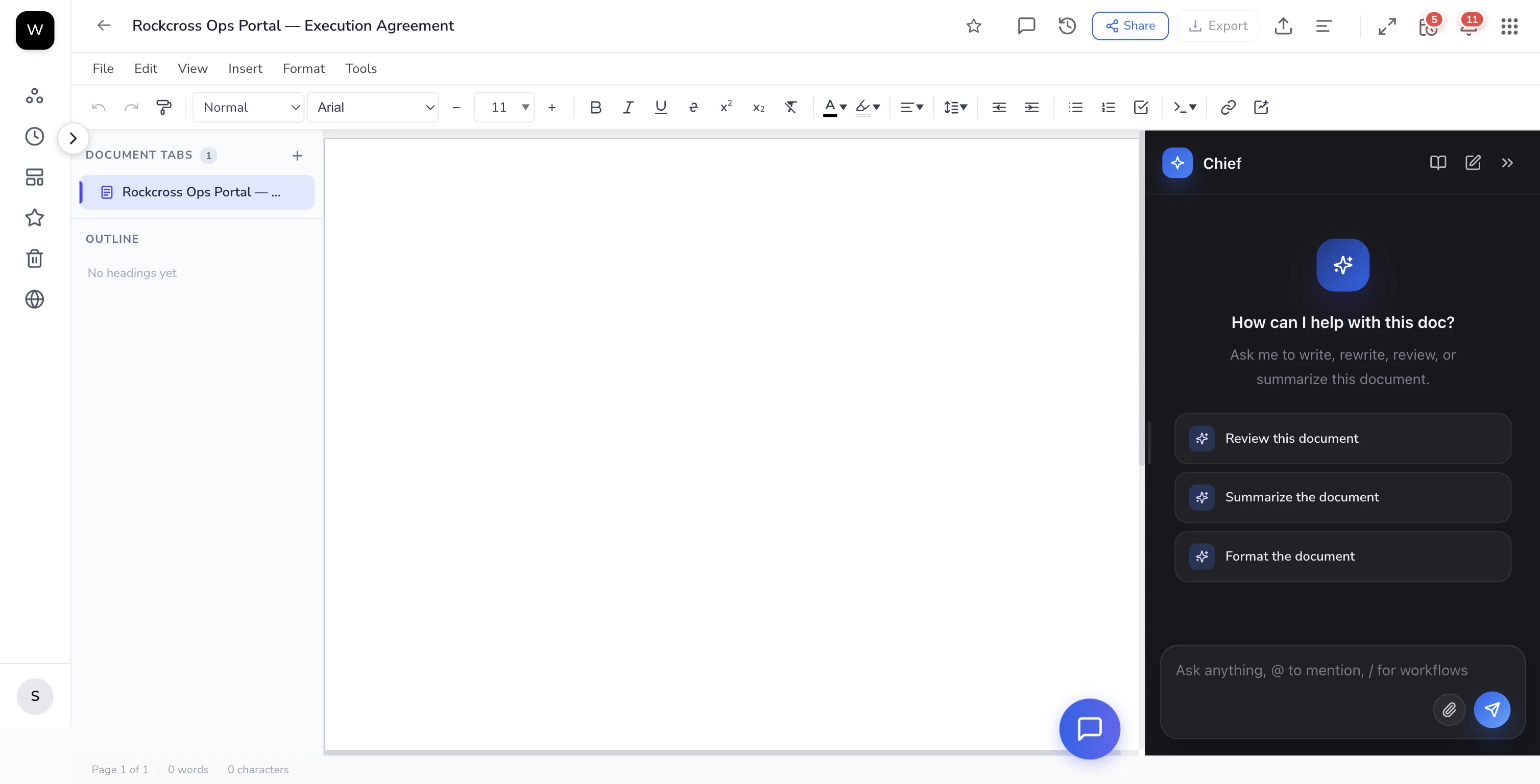 WorkElate Chief drawer open on a document, offering to review, summarize or format it.