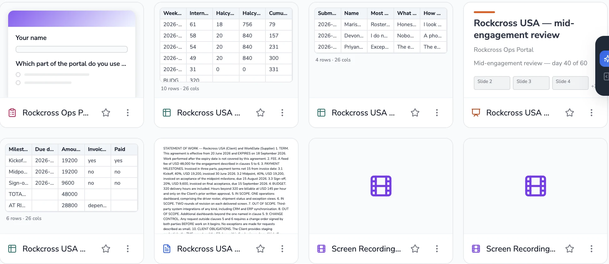 WorkElate Drive showing one client's form, sheets, deck and agreement side by side with live previews.