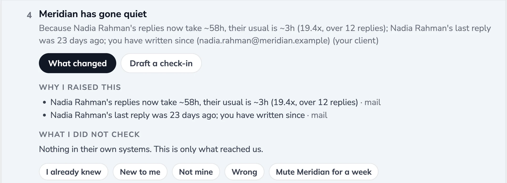 A client that has gone quiet, expanded: why the Brain raised it, with two mail-thread reasons, and what it did not check.