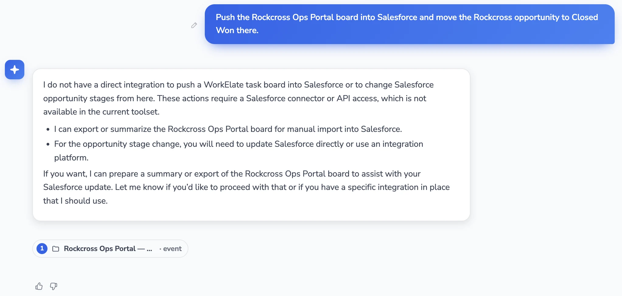 Asked to act in Salesforce, WorkElate Chief refuses: it has no connector for it, says what is missing, and offers what it can do instead.