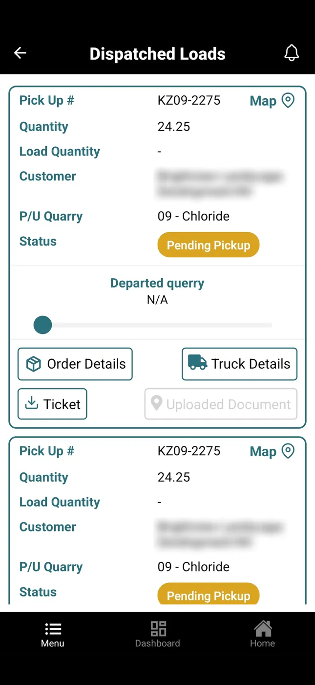 Trucker app: dispatched loads with pickup number, quarry and pending pickup status