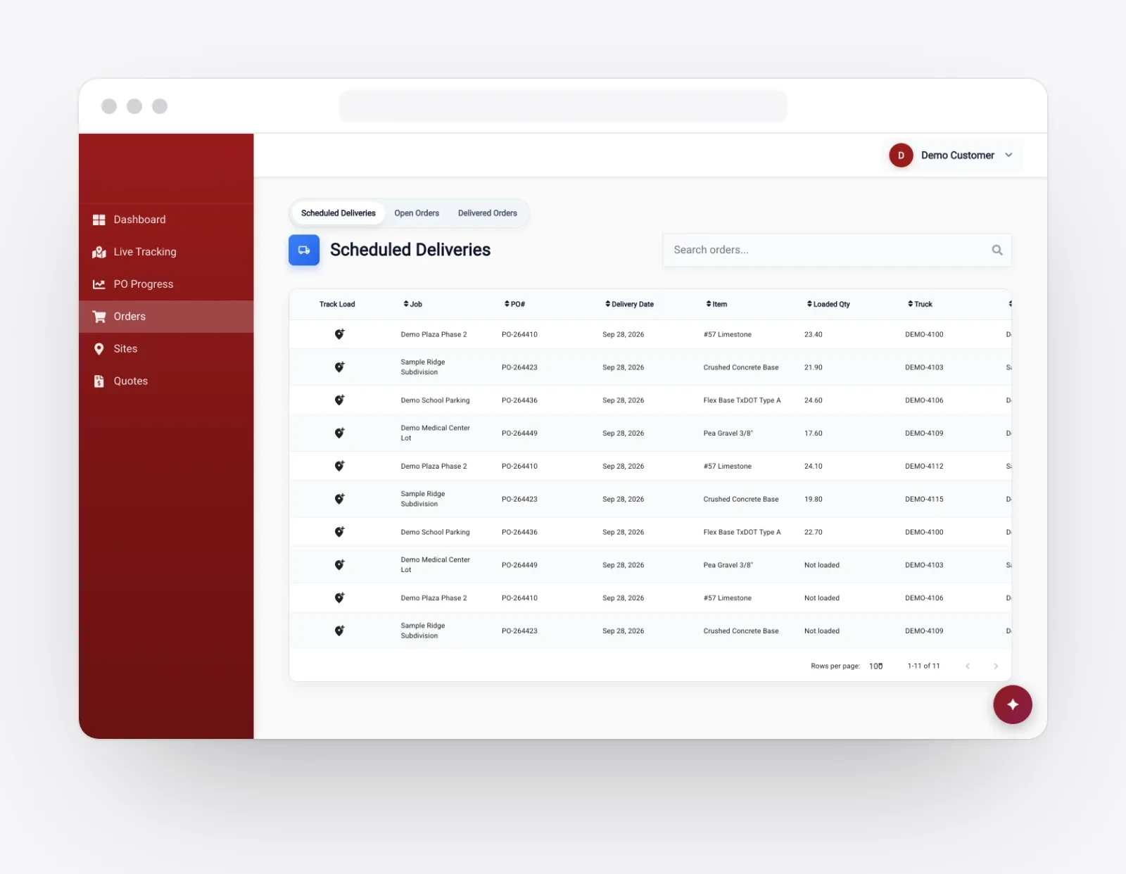 The customer portal: scheduled deliveries per load with truck and loaded tons