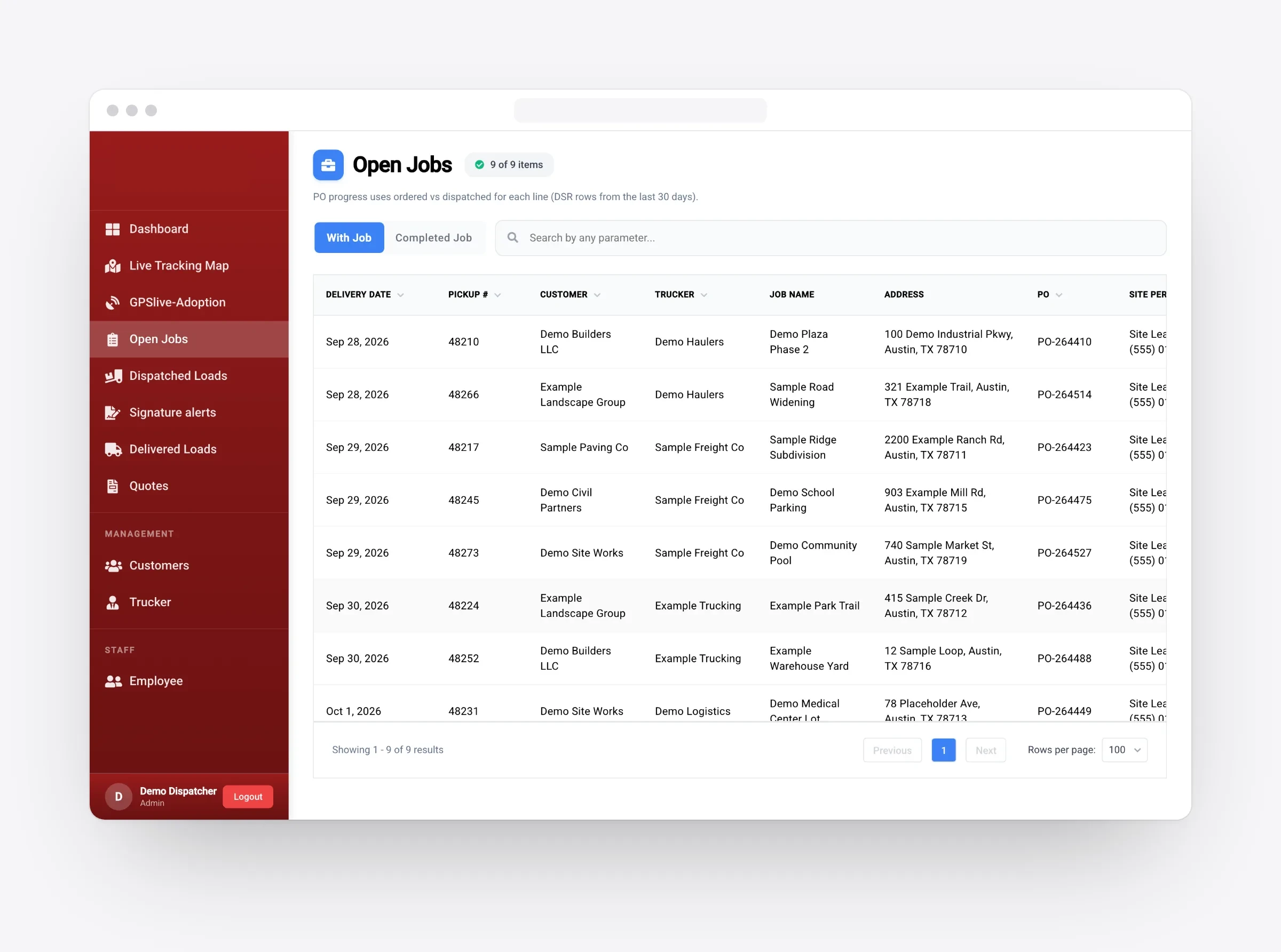 The admin console: the Open Jobs dispatch board across every quarry site